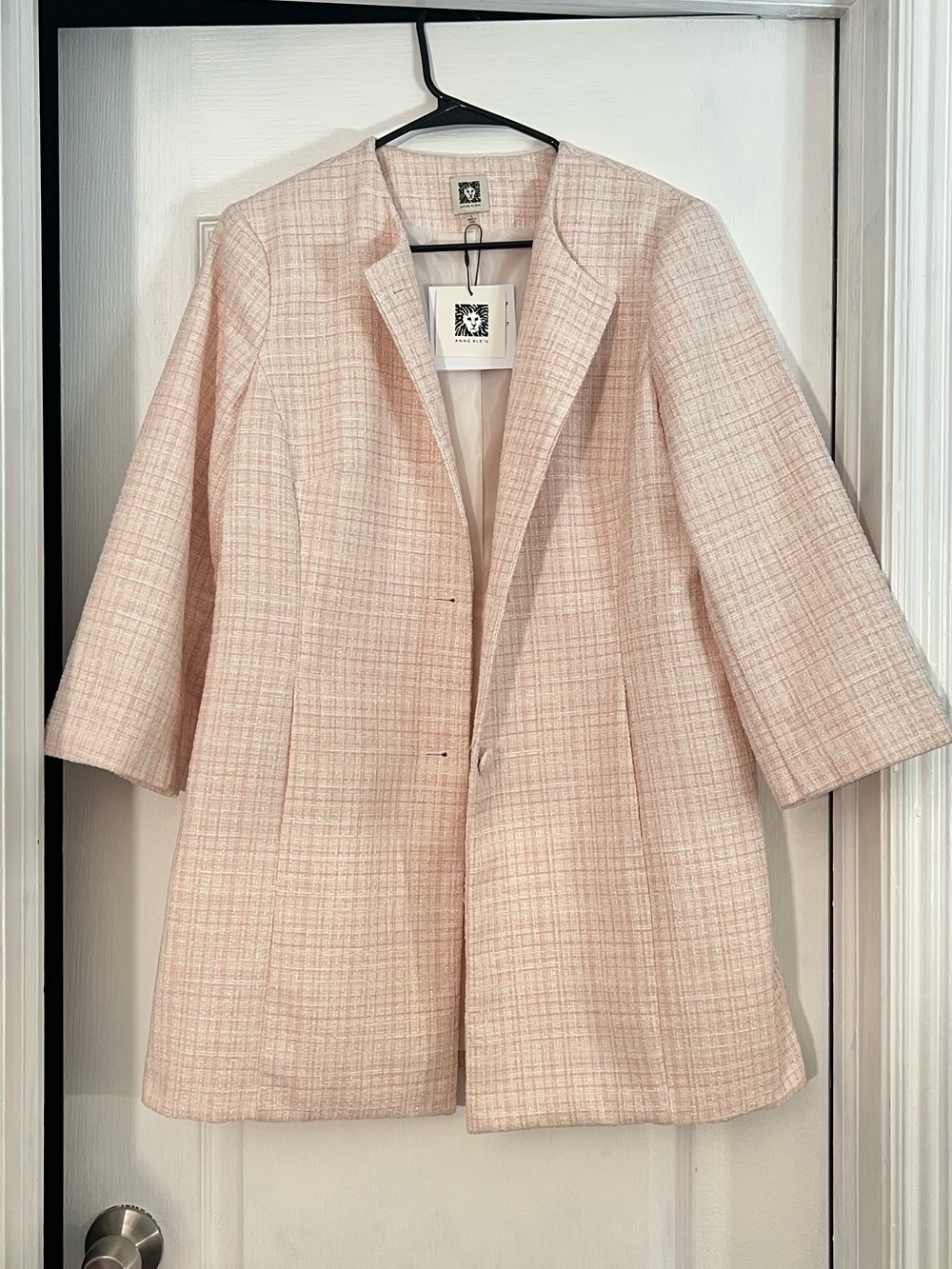 Anne Klein Powder Pink Ivory Tweed Boucle Collarless Jacket Coat L $169